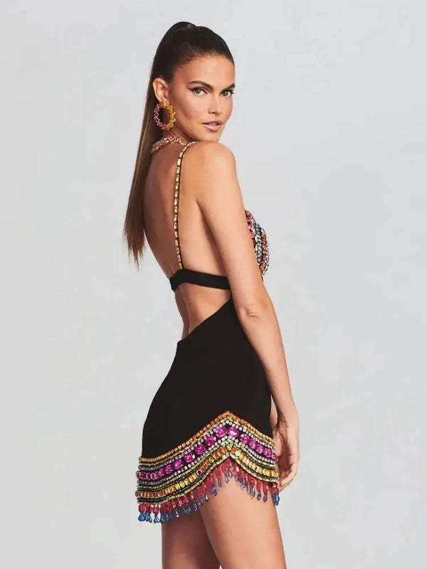 Black Crystal Bandage Bodycon Dress with Diamonds For Women, V-Neck, Meatpacking District, BYMANYC New York.-2