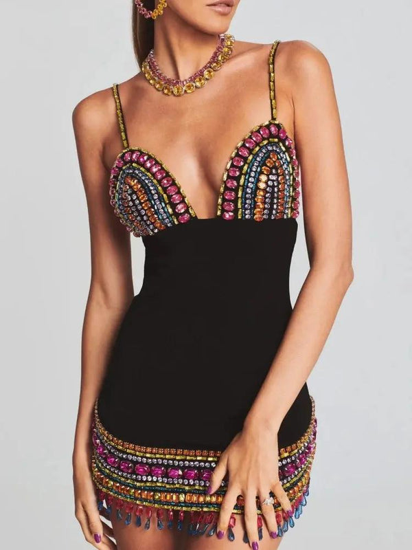 Black Crystal Bandage Bodycon Dress with Diamonds For Women, V-Neck, Meatpacking District, BYMANYC New York.-3