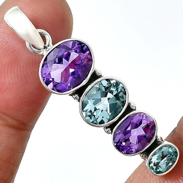 Bye Felicia® — Women's Natural Gemstone Oval Pendant in 925 Sterling Silver 💎✨-925 Sterling Silver Pendant-DESIRE GEM-Amethyst & Sky Blue Topaz-Bye Felicia Goods