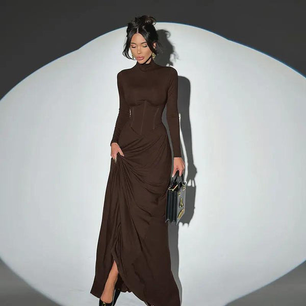 High Neck Waist-Cinched Slit Dress For Women, Elegant, Fifth Avenue, BYMANYC New York.-1