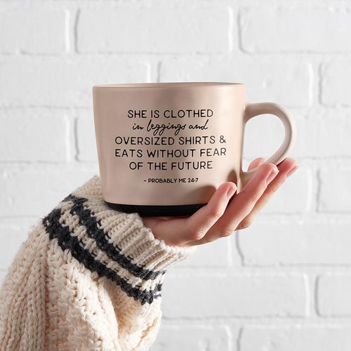 Bye Felicia Goods® Funny Stoneware Mug – “She Is Clothed in Leggings…” Quote