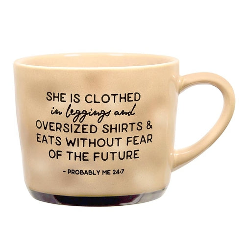 Bye Felicia Goods® Funny Stoneware Mug – “She Is Clothed in Leggings…” Quote