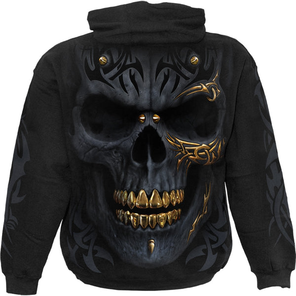 Bye Felicia Goods® Midnight Skull Tribal Hoodie – Black Cotton Fleece Pullover