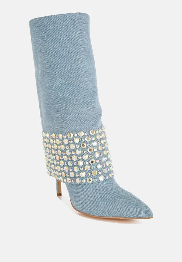 Mike Drop Diamante & Rhinestones Denim Boots-2