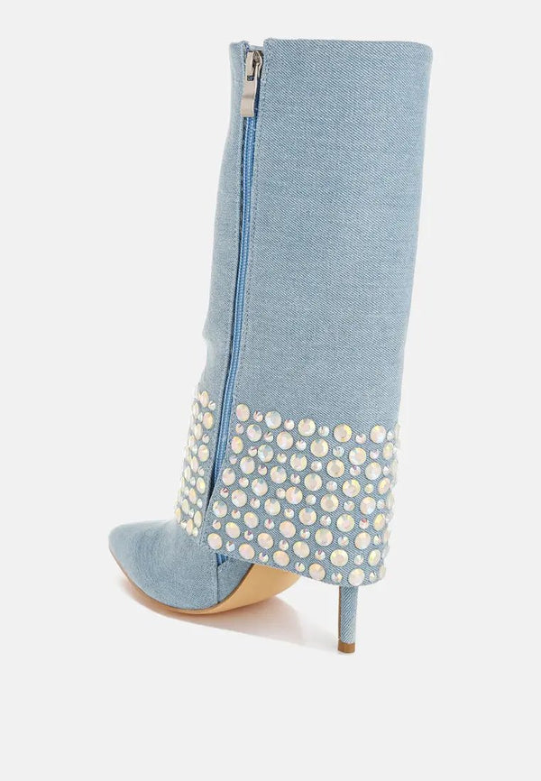 Mike Drop Diamante & Rhinestones Denim Boots-3