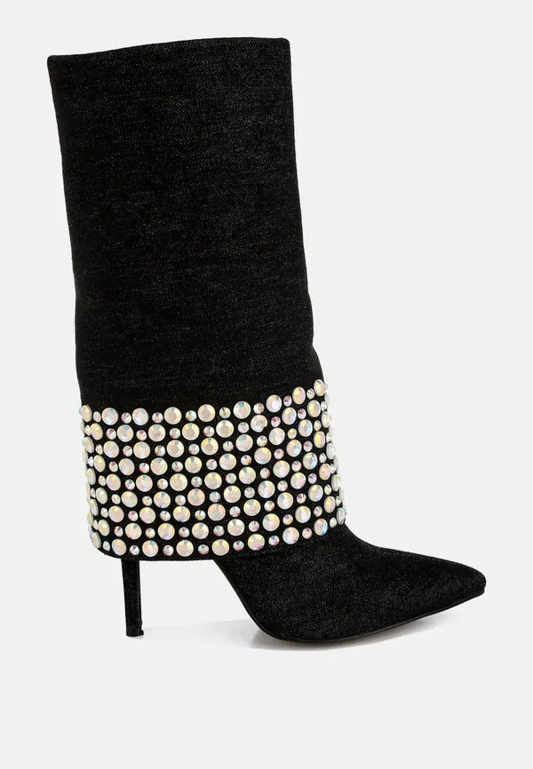 Mike Drop Diamante & Rhinestones Denim Boots-5