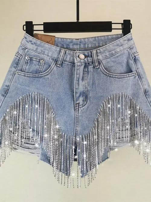 Bye Felicia® Rhinestone Fringe Denim Shorts – High-Waisted Festival Jean Short Bye Felicia Goods