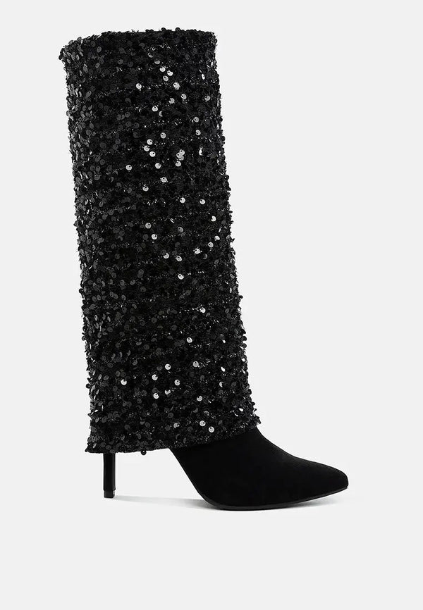 Bye Felicia® Sequin Fold-Over Stiletto Boots – Pointed Toe Party Showstoppers-Boots-London Rag-Black-US-5 / UK-3 / EU-36-Bye Felicia Goods