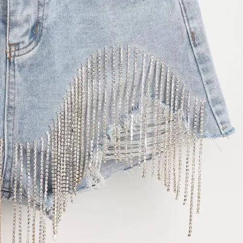 Bye Felicia® Rhinestone Fringe Denim Shorts – High-Waisted Festival Jean Short Bye Felicia Goods