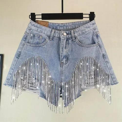 Bye Felicia® Rhinestone Fringe Denim Shorts – High-Waisted Festival Jean Short Bye Felicia Goods