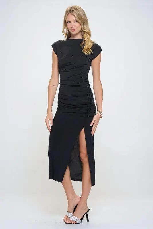 Sleeveless Ruched Dress with Slit-3