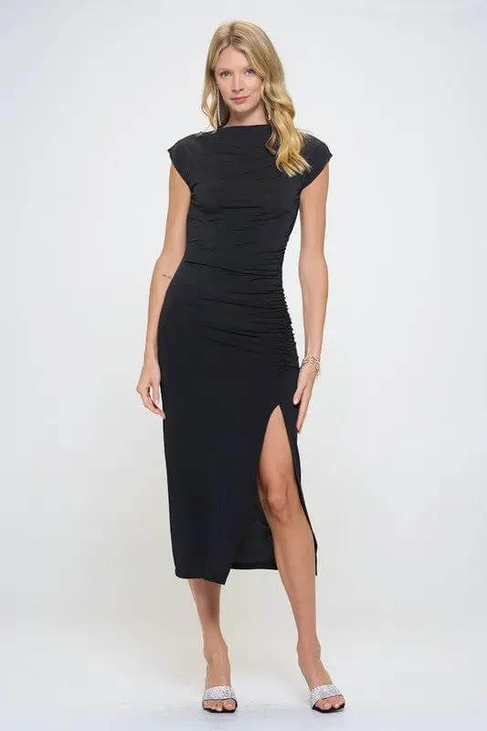 Sleeveless Ruched Dress with Slit-2
