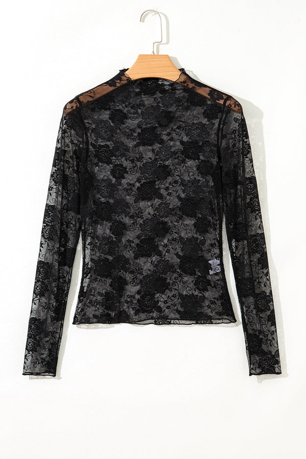 Myla Sheer Floral Lace Mesh Mock Neck Long Sleeve Top-5