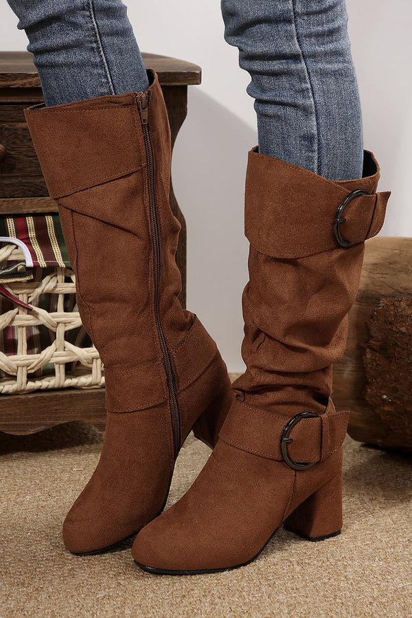 Suede Double Buckled Side Zipped Mid-calf Boots-1