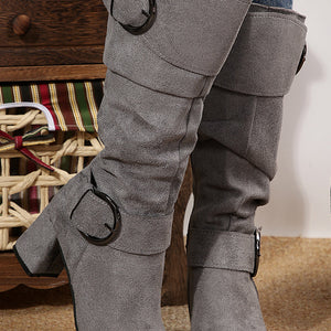 Suede Double Buckled Side Zipped Mid-calf Boots-0