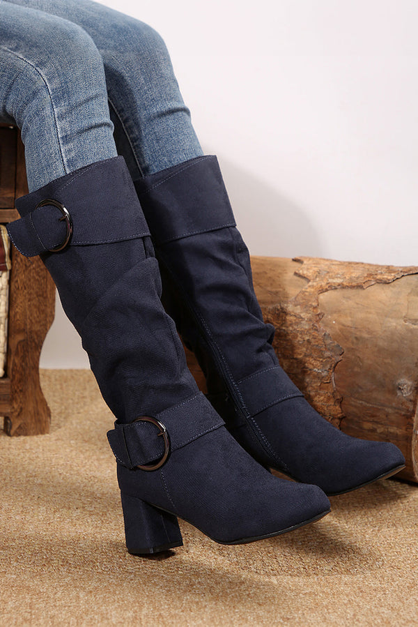 Suede Double Buckled Side Zipped Mid-calf Boots-3