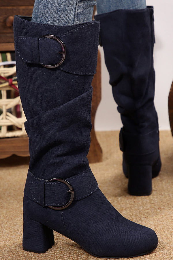 Suede Double Buckled Side Zipped Mid-calf Boots-4
