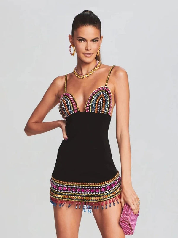 Black Crystal Bandage Bodycon Dress with Diamonds For Women, V-Neck, Meatpacking District, BYMANYC New York.-1