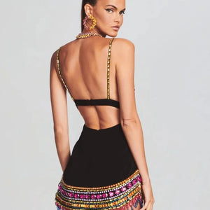 Black Crystal Bandage Bodycon Dress with Diamonds For Women, V-Neck, Meatpacking District, BYMANYC New York.-0
