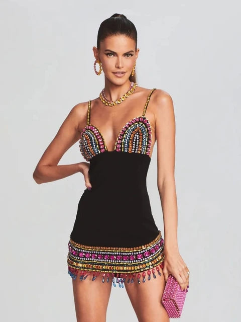 Black Crystal Bandage Bodycon Dress with Diamonds For Women, V-Neck, Meatpacking District, BYMANYC New York.-4