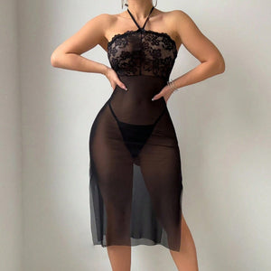 Halter Neck Lingerie Dress with Sheer Lace For Women, Greenwich Village, BYMANYC New York.-0