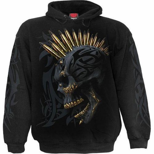 Bye Felicia Goods® Midnight Skull Tribal Hoodie – Black Cotton Fleece Pullover