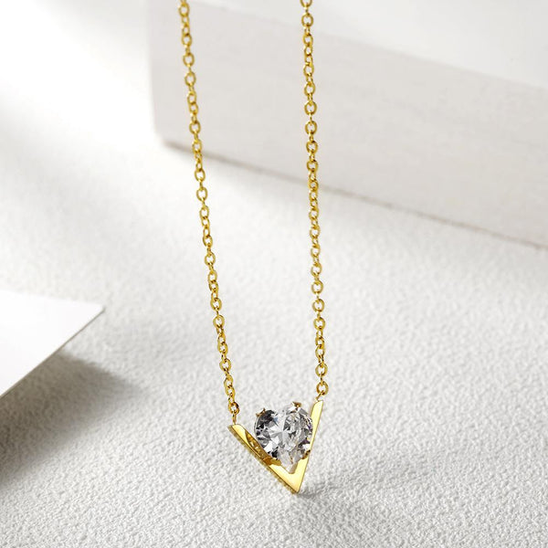 Bye Felicia Goods® CZ V-Heart Pendant Necklace – 14K Gold PVD Surgical Stainless Steel