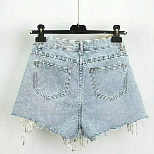 Booty & Bling – Beaded Tassel Denim Shorts