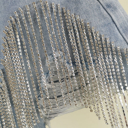 Booty & Bling – Beaded Tassel Denim Shorts