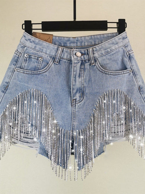 Booty & Bling – Beaded Tassel Denim Shorts