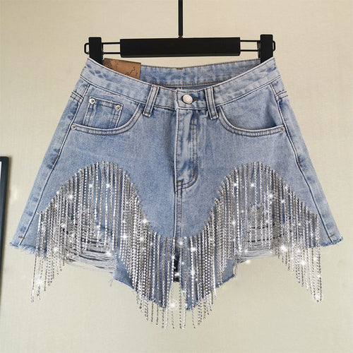 Booty & Bling – Beaded Tassel Denim Shorts