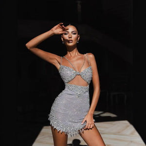 Strapless Backless Mesh Beaded Mini Dress For Women, Meatpacking District, BYMANYC New York.-0