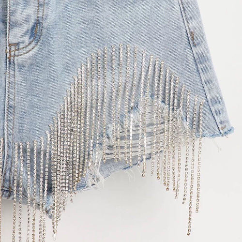 Booty & Bling – Beaded Tassel Denim Shorts