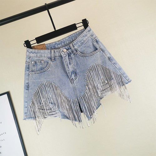 Booty & Bling – Beaded Tassel Denim Shorts