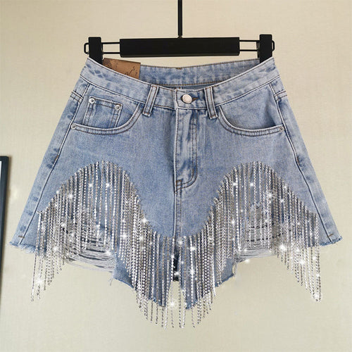 Booty & Bling – Beaded Tassel Denim Shorts