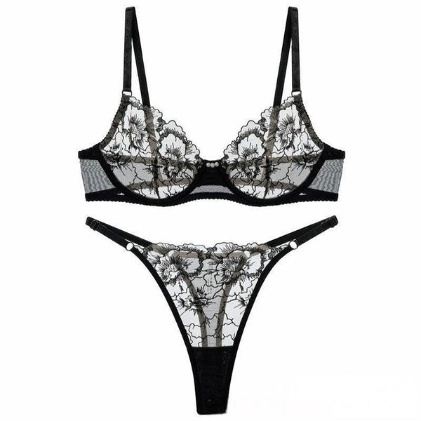 Transparent Tulle Bra Set with Heavy Embroidery and Anti-Drop Function For Women, Tribeca, BYMANYC New York.-1