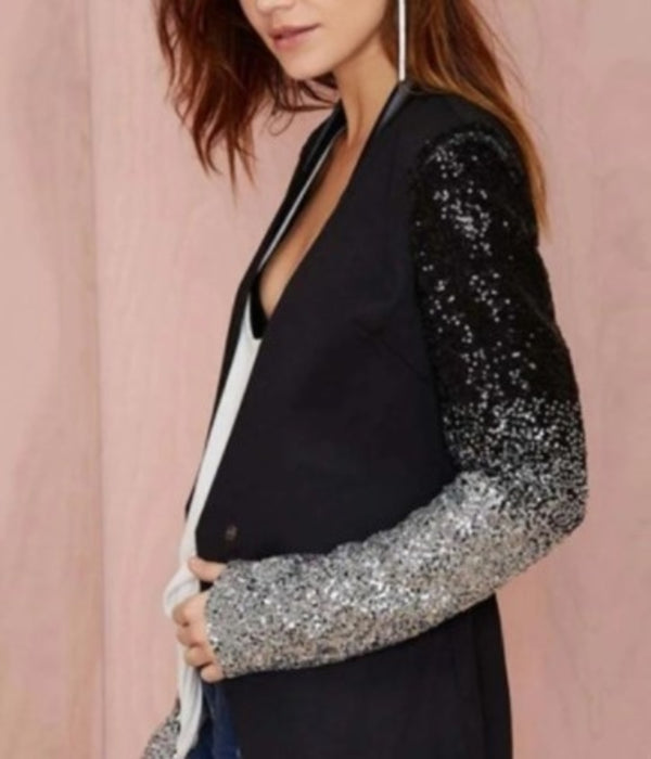 Bye Felicia Goods® Women’s Sequin Sleeve Blazer – Classic Black Slim Fit