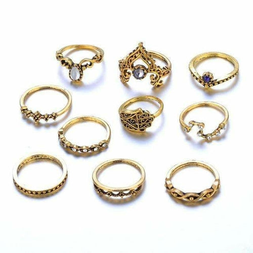 10pc Vintage Ring Set – Zinc Alloy & Gemstone Stackables