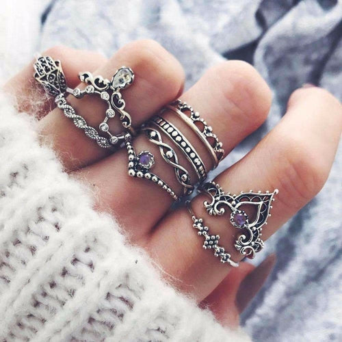 10pc Vintage Ring Set – Zinc Alloy & Gemstone Stackables