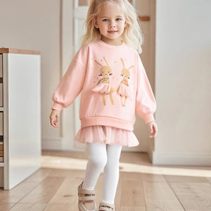 Spring and Autumn Girls Rabbits Cartoon Pattern Long Sleeves Sweatshirt and White Pants Clothing Set-0