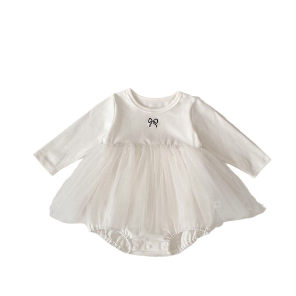 Spring Arrival Baby Girls Long Sleeves Crew Neck Onesies Bodysuits Tulle Patchwork Dress-1
