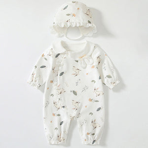Spring New Arrival Baby Girls Flowers and Rabbits Pattern Romper with Cute Collar-0