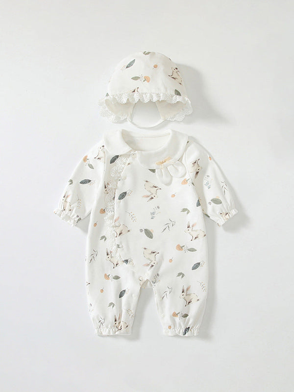 Spring New Arrival Baby Girls Flowers and Rabbits Pattern Romper with Cute Collar-0
