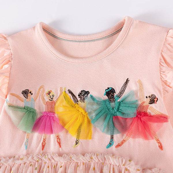 Autumn and Spring Arrival Princess Cartoon Pattern Long Sleeves Tulle Patchwork Dress for Stylish Girls-2