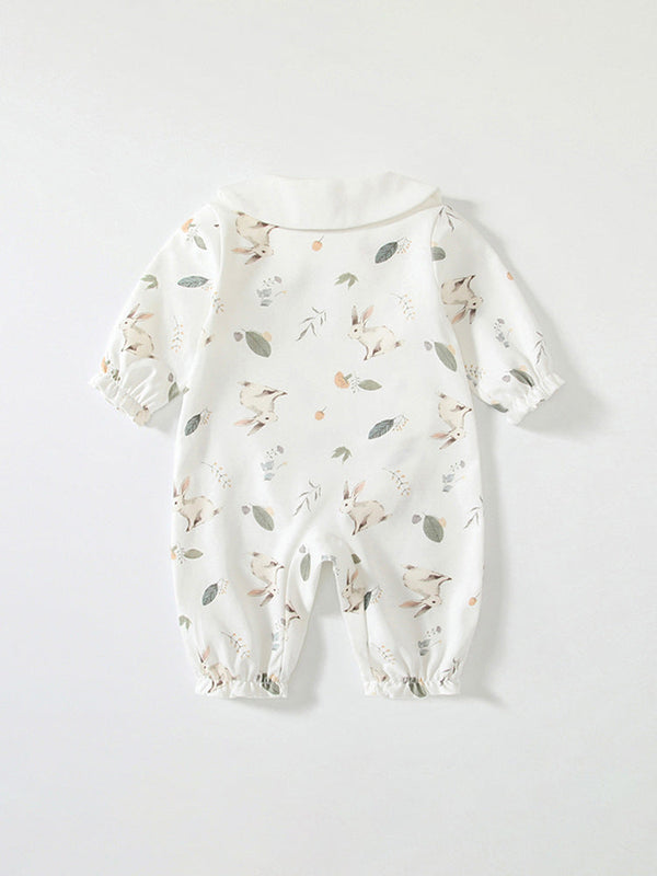 Spring New Arrival Baby Girls Flowers and Rabbits Pattern Romper with Cute Collar-1