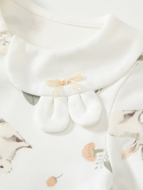 Spring New Arrival Baby Girls Flowers and Rabbits Pattern Romper with Cute Collar-2
