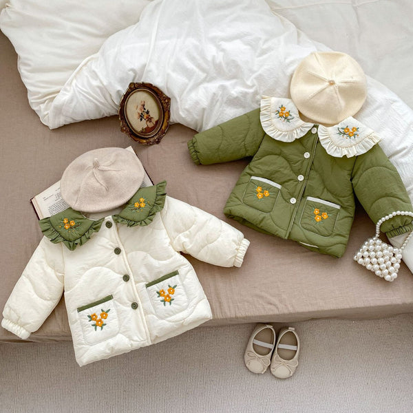 Winter Arrival Baby Kids Girls Flowers Embroidery Single Breasted Thick Coat-3