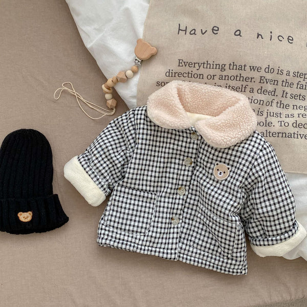 Baby Plaid Graphic Single Breasted Design Thickened Warm Winter Cotton Coat-4
