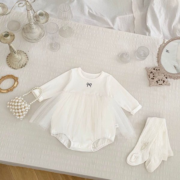 Spring Arrival Baby Girls Long Sleeves Crew Neck Onesies Bodysuits Tulle Patchwork Dress-4