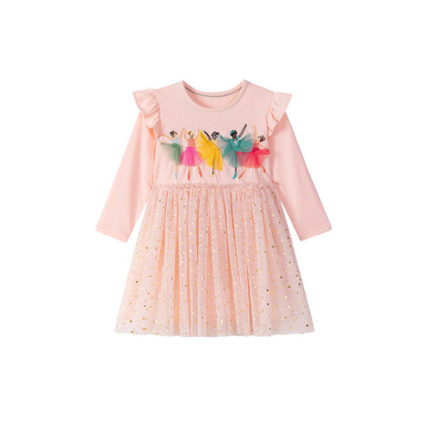Autumn and Spring Arrival Princess Cartoon Pattern Long Sleeves Tulle Patchwork Dress for Stylish Girls-4